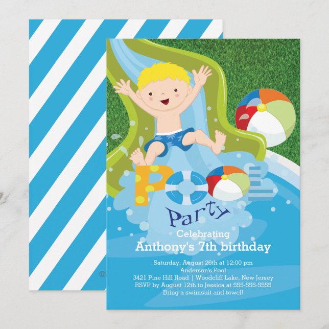 Convite de aniversário de Piscina de Boy Divertido (Frente/Verso)