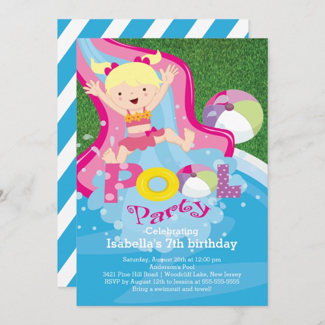 Convite de aniversário de Piscina de garota divert (Frente/Verso)