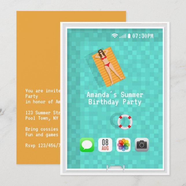 Convite de aniversário de Piscina de Verão (Frente/Verso)