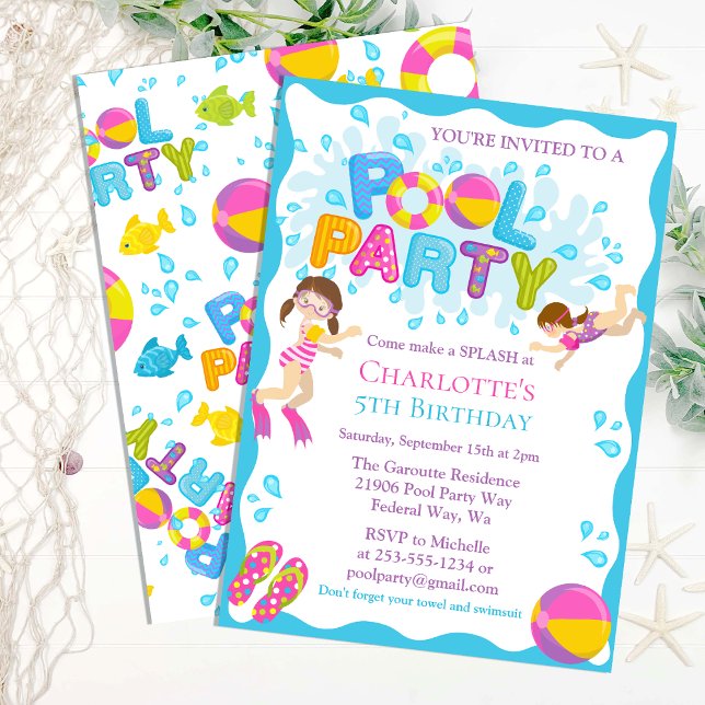 Convite de aniversário de Piscina de Verão (Summer Pool Birthday Party Invitation)