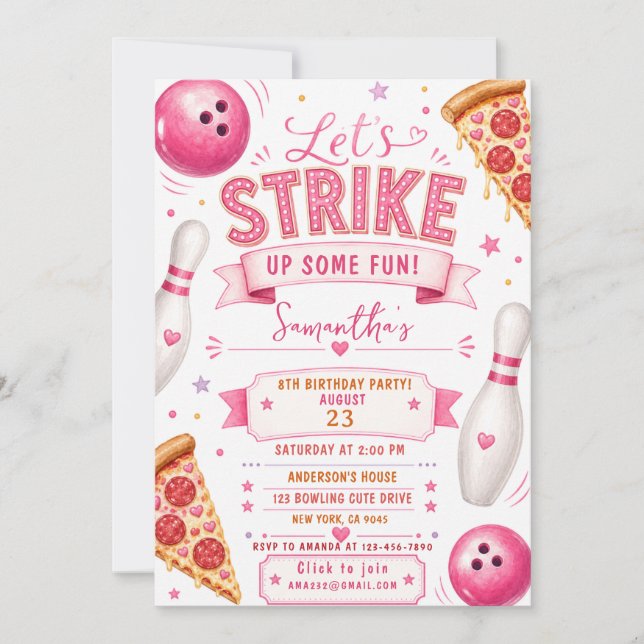 Convite de aniversário de pizza de boliche (Frente)