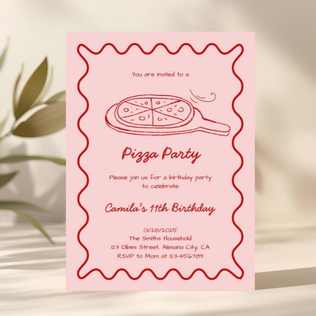 Convite de Aniversário de Pizza Desenhada à Mão Ca (Hand Drawn Pizza Birthday Invitation Whimsical)