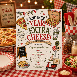 Convite de Aniversário de Pizza Desenhado à Mão