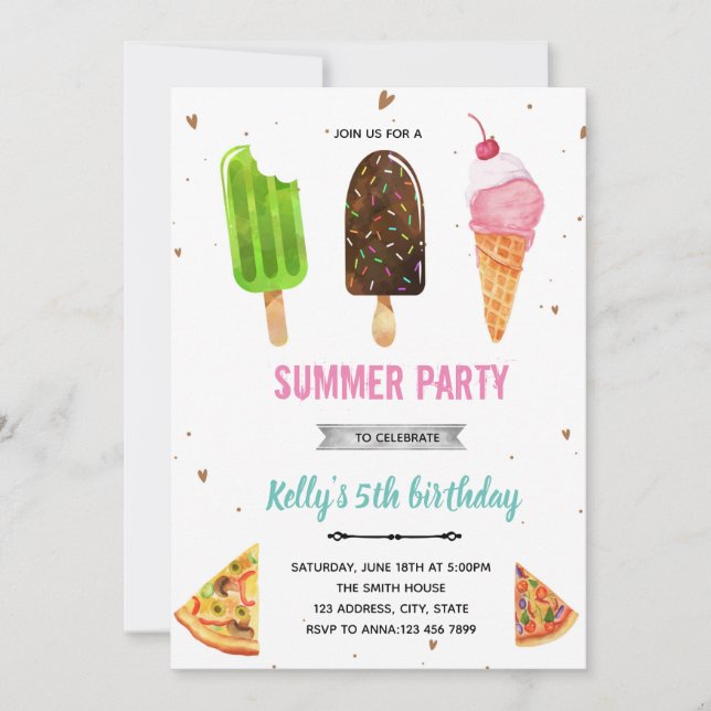 Convite de aniversário de pizza e sorvete (Frente)