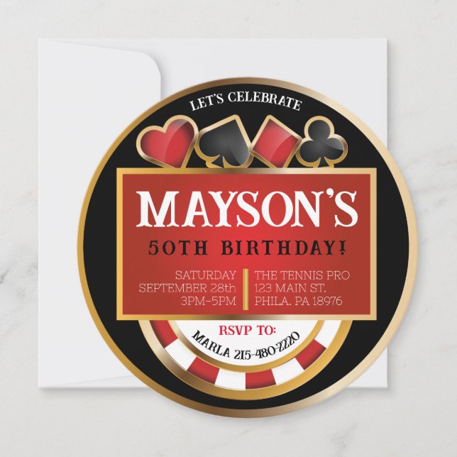 CONVITE DE ANIVERSÁRIO de placas de POKER CASINO (Frente)