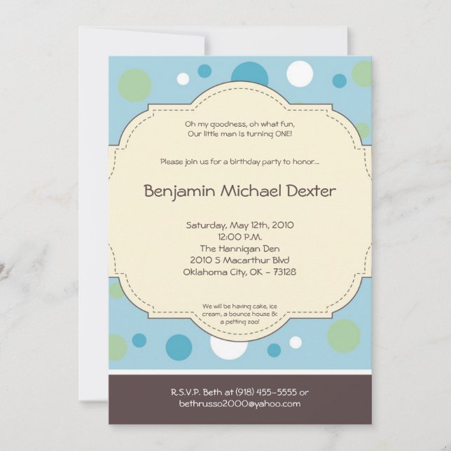 Convite de aniversário de Polkadot Azul 5x7 (Frente)