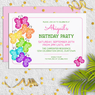 Convite de aniversário de Polkadot-Borboleta Rosa