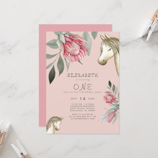 Convite de Aniversário de Pônei Floral Rosa (Frente/Verso In Situ)