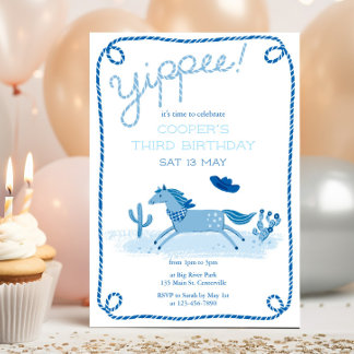 Convite de Aniversário de Pônei Ocidental Azul