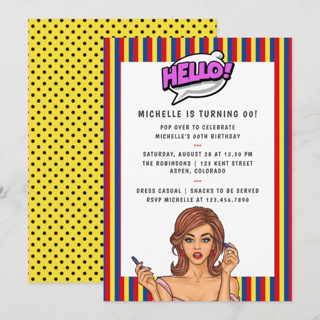Convite de Aniversário de Pop Art em Quadrinhos (Frente/Verso)