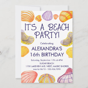 Convite de aniversário de praia com cascas de aqua
