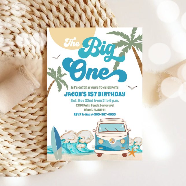 Convite de Aniversário de Praia com Van de Surf Re (Criador carregado)