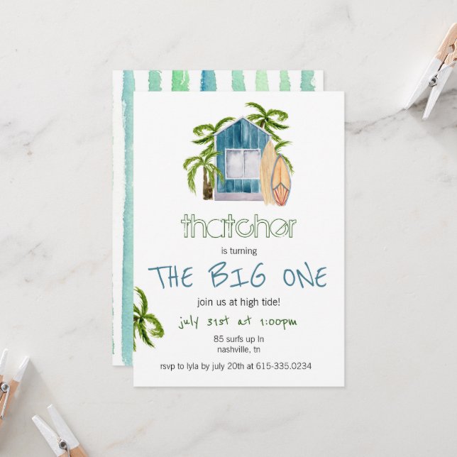 Convite de Aniversário de Praia da Casa Surf Azul (Frente/Verso In Situ)