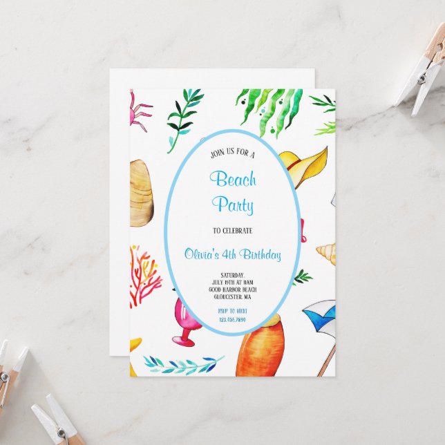 Convite de aniversário DE PRAIA MULTICOLOR (Frente/Verso In Situ)