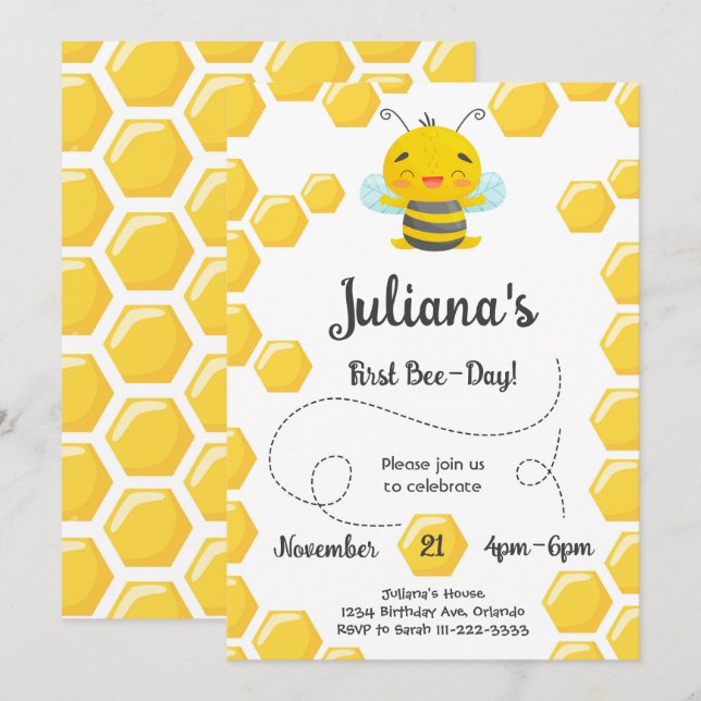 Convite de Aniversário de Primeiro Abelha-Dia Fofo (Frente/Verso)