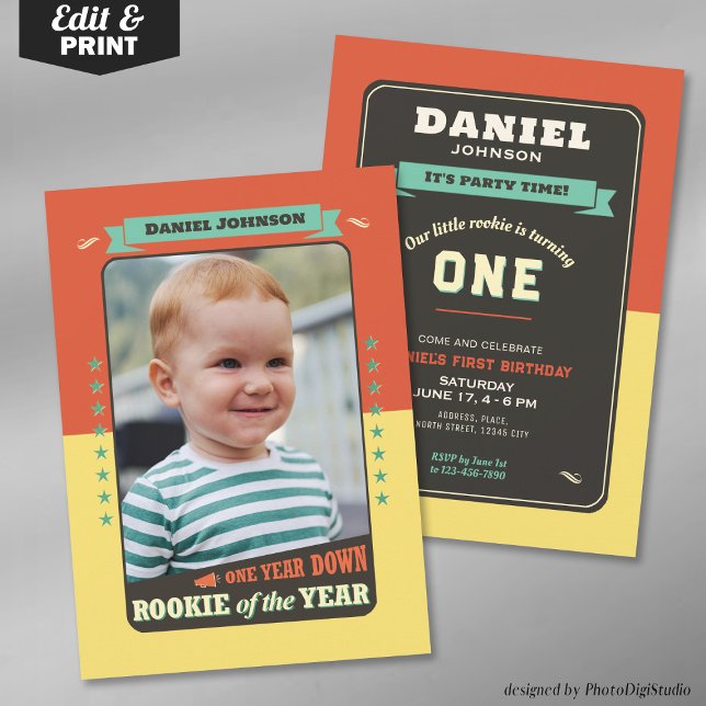 Convite de Aniversário de Primeiro Ano do Novato d (Editable Rookie of the Year First Birthday Party Invitation)
