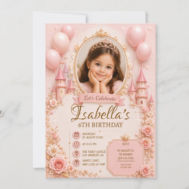 Convite de Aniversário de Princesa 3D | Rosa (Frente)