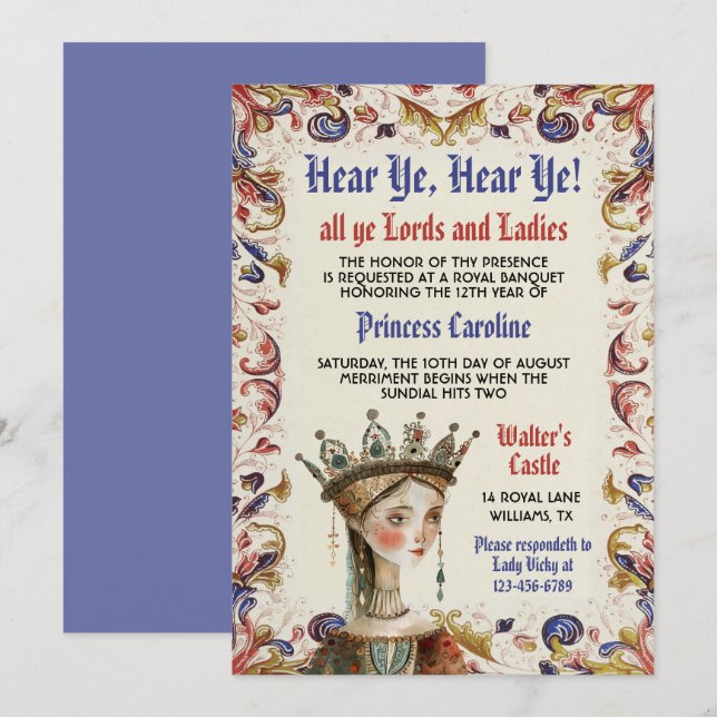 Convite de Aniversário de Princesa da Renascença M (Frente/Verso)