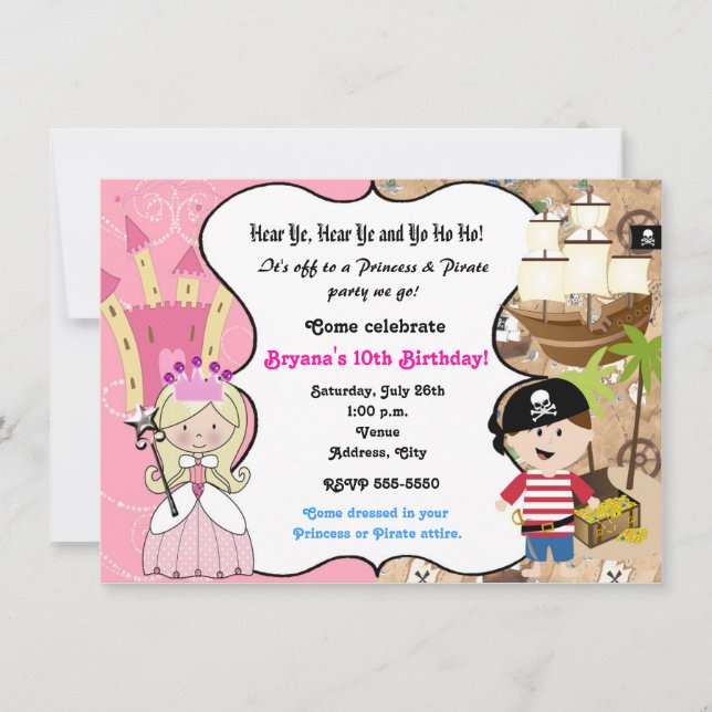 Convite de Aniversário de Princesa e Pirata (Frente)