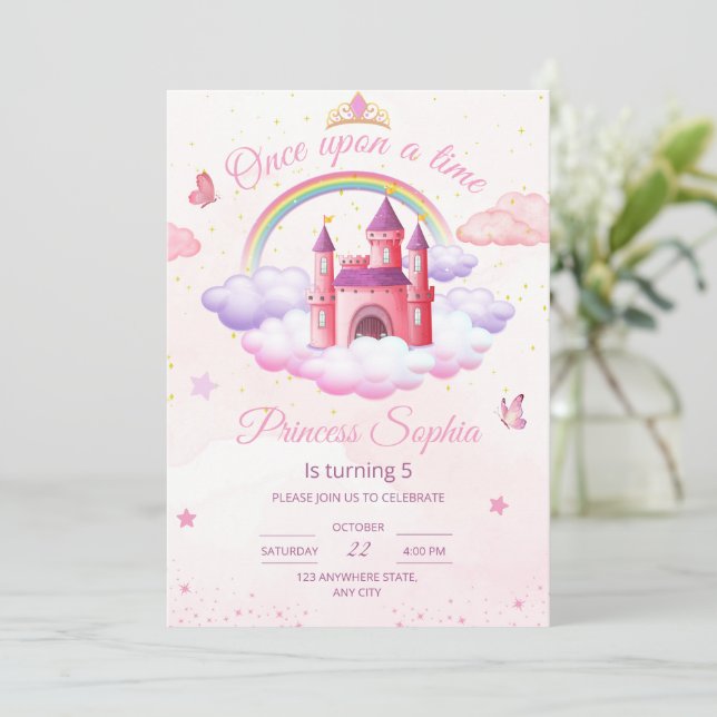 Convite de Aniversário de Princesa Meninas Princes (Em pé/Frente)