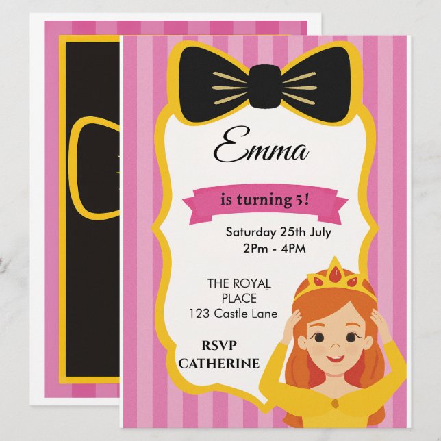 Convite de Aniversário de Princesa para Meninas (Frente/Verso)