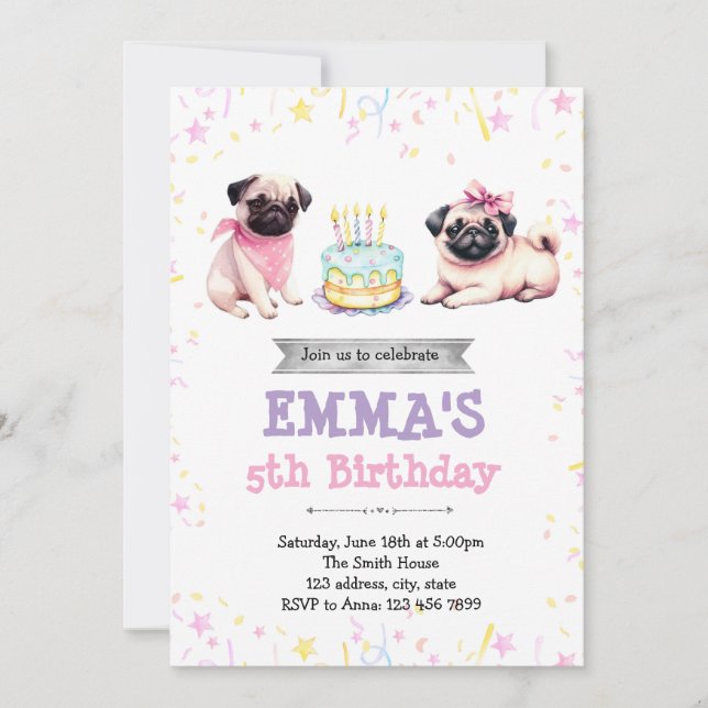 Convite de aniversário de Pug (Frente)
