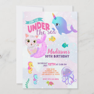 Convite de Aniversário de Purrmaids Mermaid Cat Na