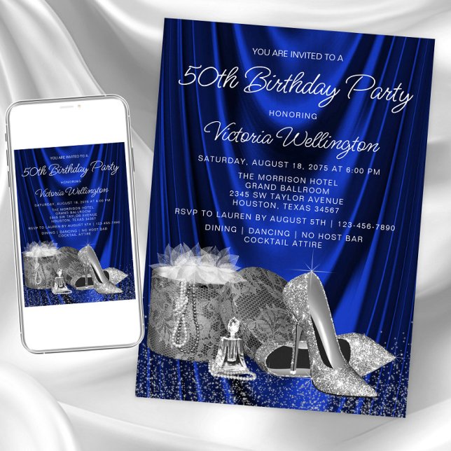Convite de Aniversário de Qualquer Idade de Sapato (Royal blue silver any event invitation. Instant download and printed invitations available.)