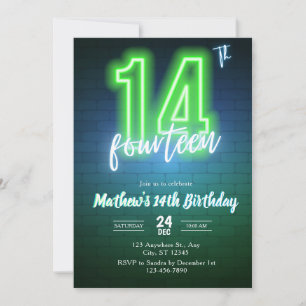 Convite de aniversário de quatorze anos Neon