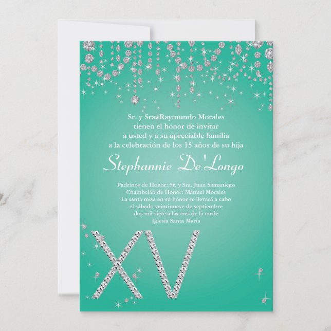 Convite de Aniversário de Quince Anos Aqua Diamond (Frente)