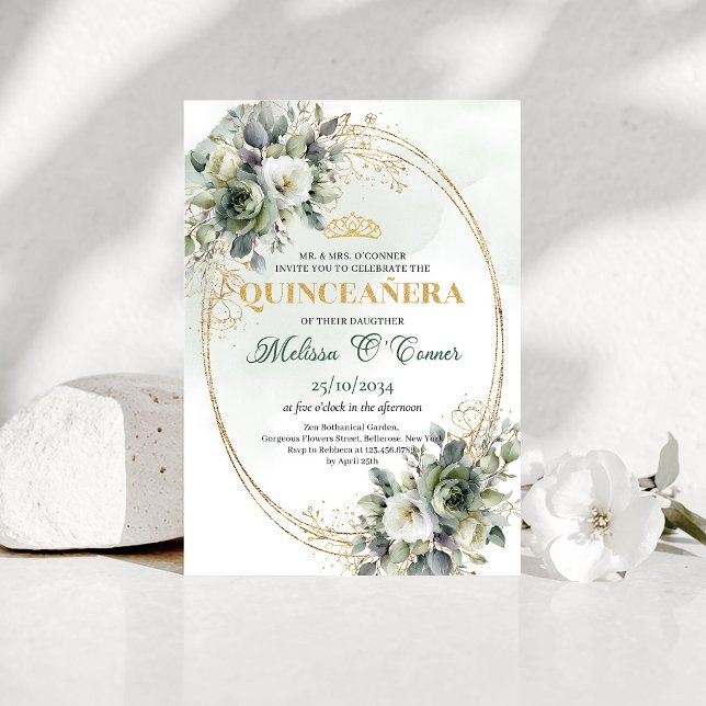 Convite de Aniversário de Quinceañera Dourado com  (Watercolor Greenery Gold Quinceañera Birthday Invitation)