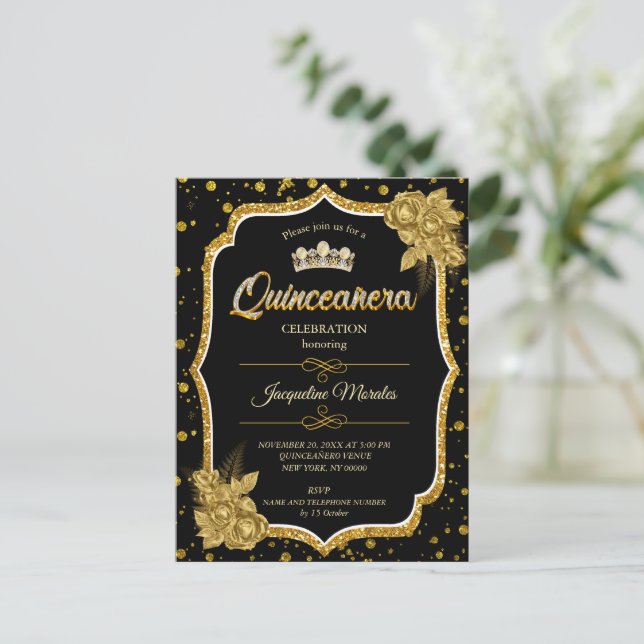 Convite de Aniversário de Quinceañera Dourado Pret (Em pé/Frente)
