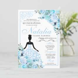 Convite de Aniversário de Quinceanera Floral Azul 