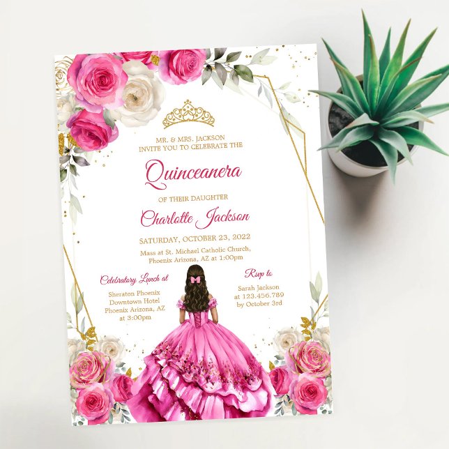 Convite de Aniversário de Quinceanera Rosa e Doura (Criador carregado)