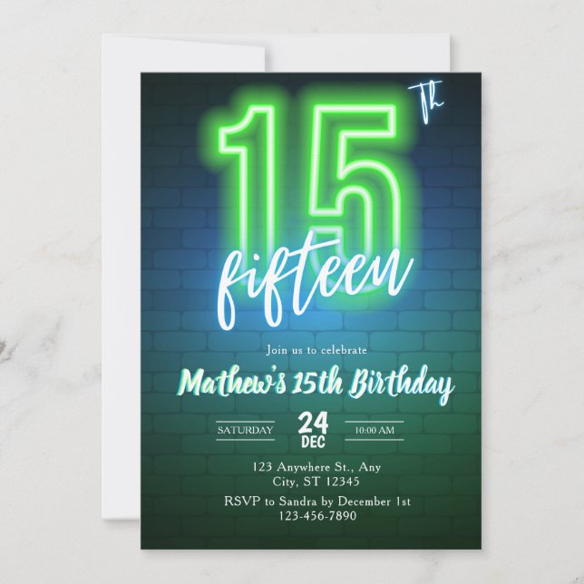 Convite de aniversário de quinze anos néon (Frente)