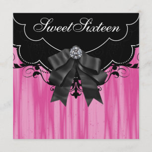 Convite de Aniversário de Quinze Anos Preto e Rosa