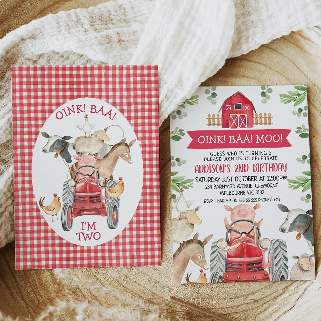Convite De Aniversário De Red Trator E Fazenda (Kids red farm birthday invitation featuring a red barn, red tractor and various cute farm animals.)