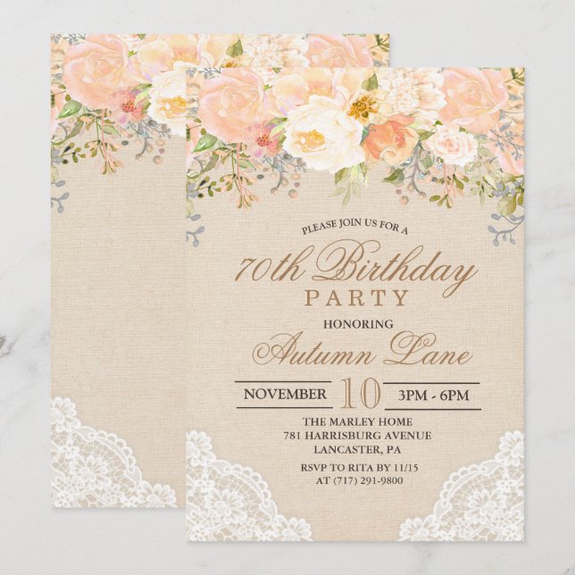 Convite de Aniversário de Renda Floral de Pêssego  (Frente/Verso)