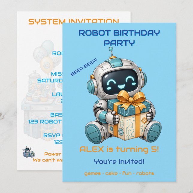 Convite de Aniversário de Robô Menino Tech Beep Be (Frente/Verso)