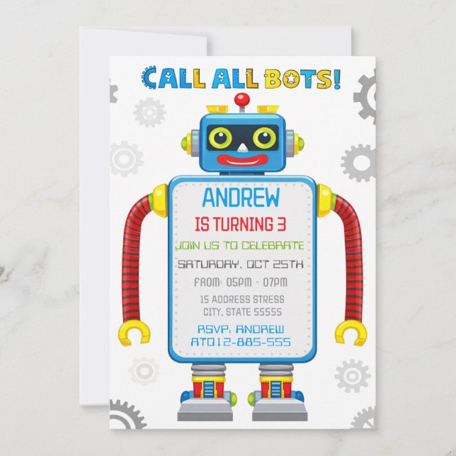 Convite de aniversário de robô personalizado (Frente)