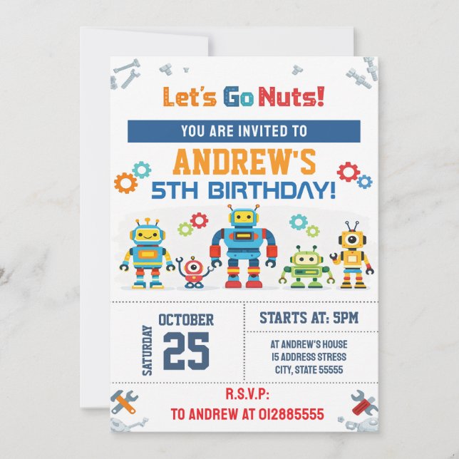Convite de Aniversário de Robô Personalizado (Frente)