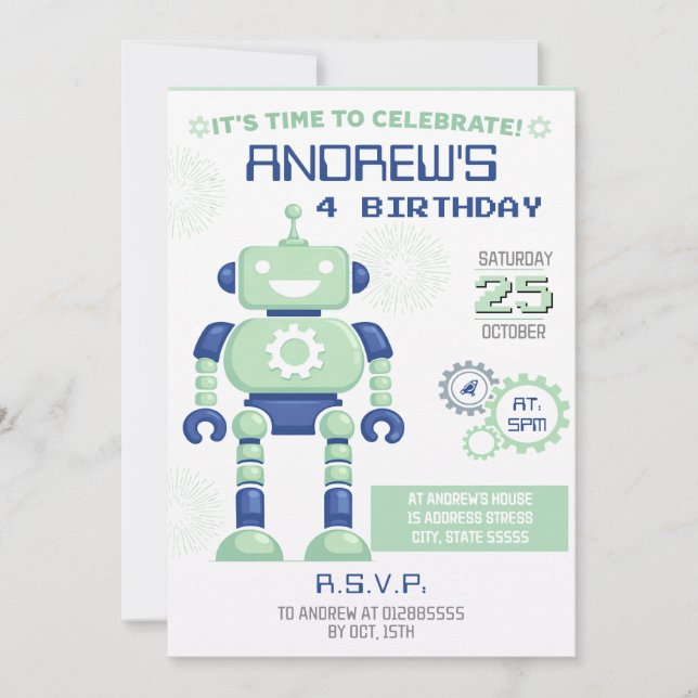 Convite de Aniversário de Robô Pessoal (Frente)