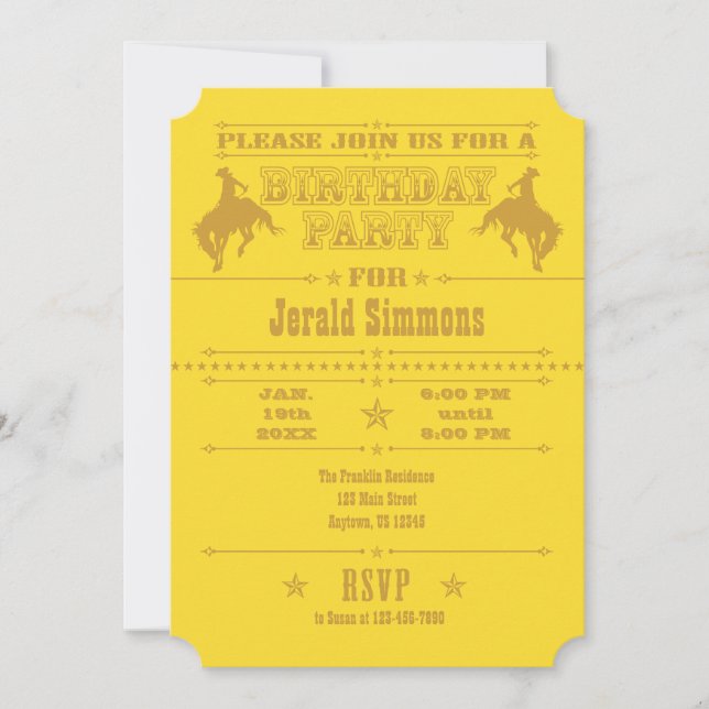 Convite de aniversário de Rodeio do Cowboy Amarelo (Frente)