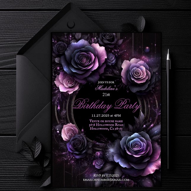 Convite de aniversário de Rosas Ombré, Elegante (dark elegant birthday invite, floral gothic party invite, black pink purple roses event invitation,)