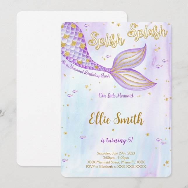 Convite de Aniversário de Sereia (Frente/Verso)