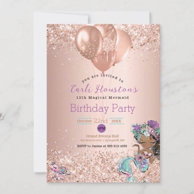 Convite de aniversário de Sereia Afro-Americano (Frente)