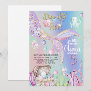 Convite de aniversário de sereia menina aquarela e