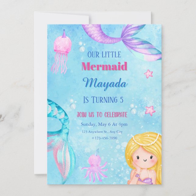 Convite de Aniversário de Sereia Modelo Editável (Frente)