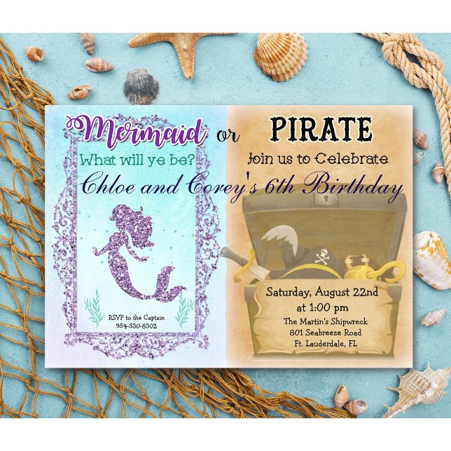 CONVITE DE ANIVERSÁRIO DE SEREIA OU PIRATA PARA QU (Criador carregado)