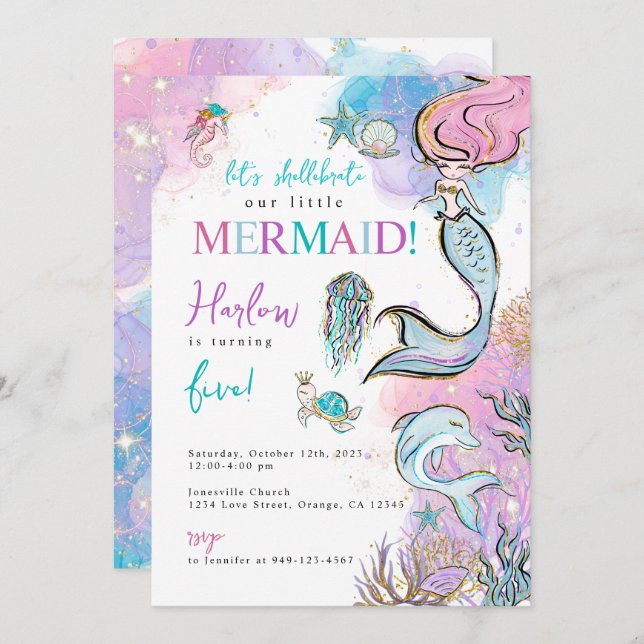 Convite de aniversário de sereia para a aquarela d (Frente/Verso)